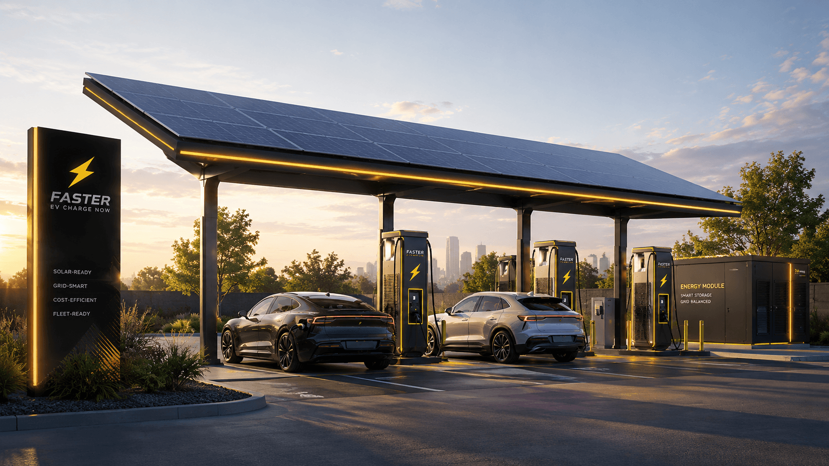 Solar canopy charging station at golden hour