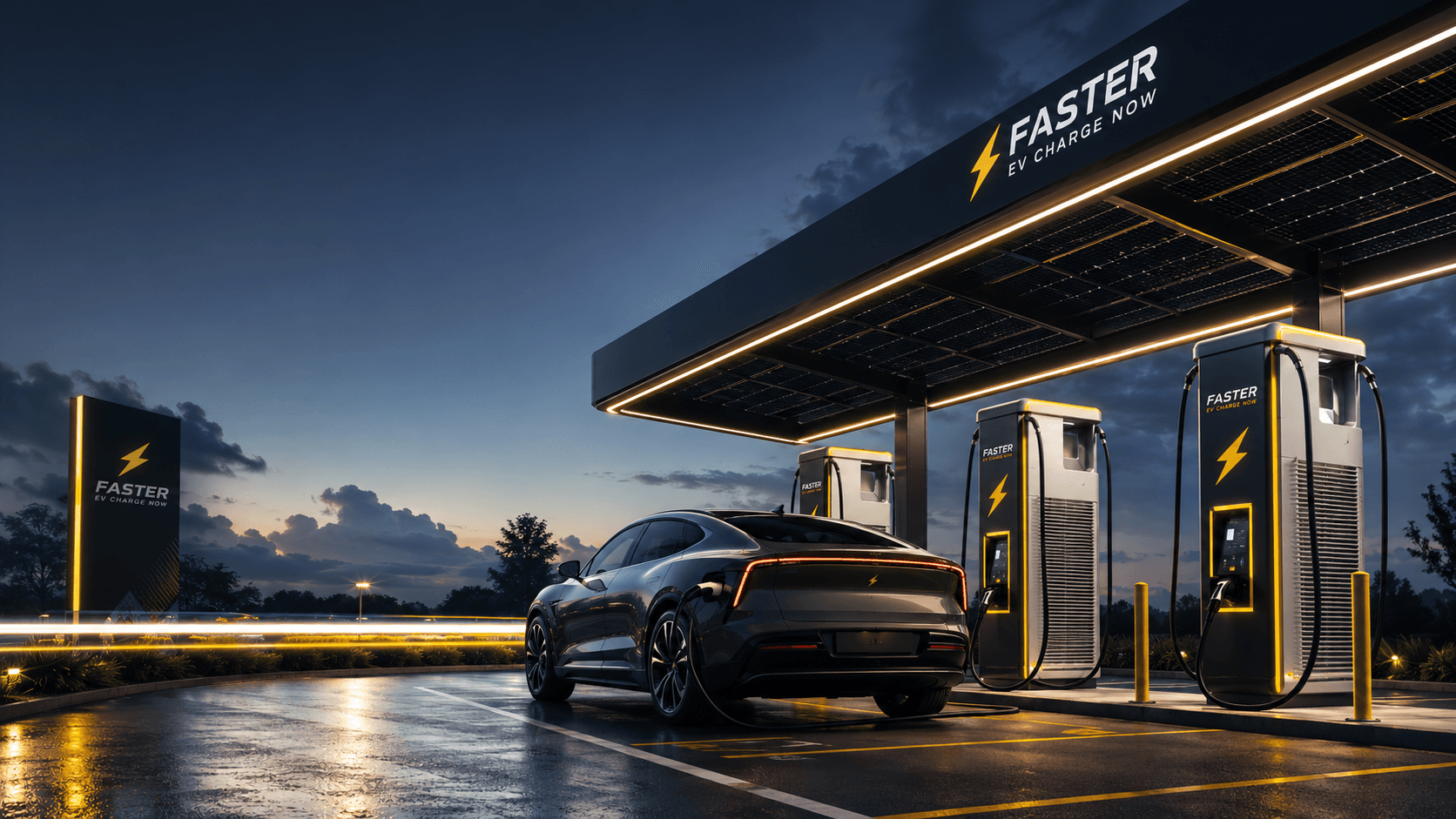 Tap-to-pay charging station at dusk